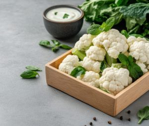Fresh cauliflower florets with spinach and mint in a wooden tray next to a bowl of creamy dip