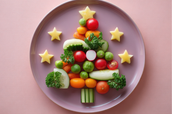 Festive Christmas tree vegetable platter made with colorful veggies – healthy, sugar-free holiday appetizer for gut health