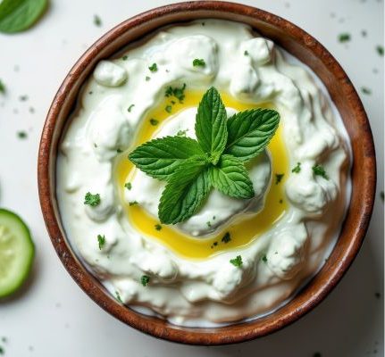 A bowl of creamy yogurt dip drizzled with olive oil and topped with fresh mint leaves, surrounded by sliced cucumbers on a light surface.