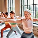 A group of women of different ages practice a yoga pose together in a bright studio, arms extended and focused expressions reflecting strength, balance, and midlife wellness.