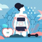 Illustration of a woman’s silhouette with circular arrows around her midsection, surrounded by molecular graphics, a sliced apple, and night symbols, representing cycle syncing and hormone balance concepts.