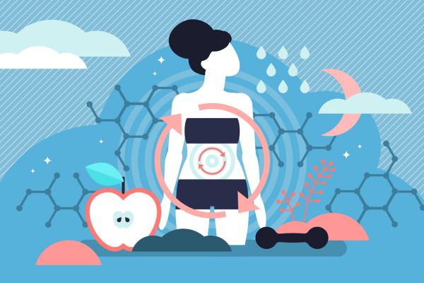 Illustration of a woman’s silhouette with circular arrows around her midsection, surrounded by molecular graphics, a sliced apple, and night symbols, representing cycle syncing and hormone balance concepts.