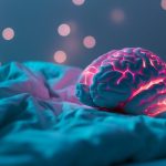 A glowing human brain rests on rumpled bedsheets in soft blue and pink lighting, symbolizing the connection between brain activity, sleep, stress, and hormone balance.