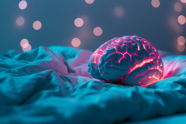 A glowing human brain rests on rumpled bedsheets in soft blue and pink lighting, symbolizing the connection between brain activity, sleep, stress, and hormone balance.