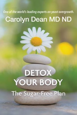 Book cover featuring a white daisy resting on a stack of smooth stones against a soft green, nature-inspired background. Text reads: “Carolyn Dean MD ND – One of the world’s leading experts on yeast overgrowth. Detox Your Body: The Sugar-Free Plan.”