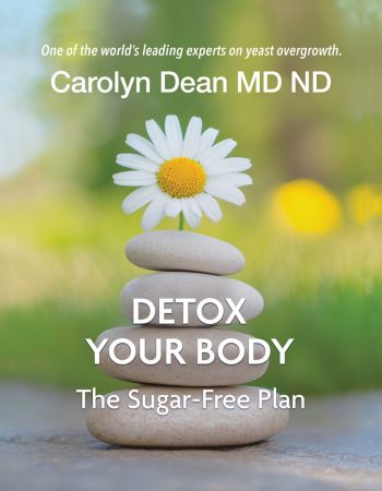 Book cover featuring a white daisy resting on a stack of smooth stones against a soft green, nature-inspired background. Text reads: “Carolyn Dean MD ND – One of the world’s leading experts on yeast overgrowth. Detox Your Body: The Sugar-Free Plan.”