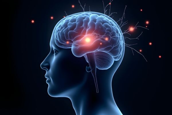 Digital illustration of a human brain inside a head silhouette with glowing neural connections, representing brain function, nervous system communication, and mineral support for neurological health.