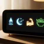 Digital bedside display showing glowing icons representing healthy habits: hydration (water droplet), sleep (crescent moon with “ZZZ”), strength or exercise (flexed arm with dumbbell), and nutrition (bowl of vegetables), symbolizing balanced wellness and sustainable vitality.