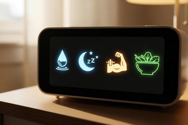 Digital bedside display showing glowing icons representing healthy habits: hydration (water droplet), sleep (crescent moon with “ZZZ”), strength or exercise (flexed arm with dumbbell), and nutrition (bowl of vegetables), symbolizing balanced wellness and sustainable vitality.
