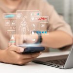 Person using a smartphone with AI health app displaying digital health metrics, representing AI health advice and modern health tracking technology