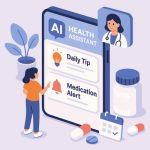 Illustration of an AI health assistant app on a smartphone displaying daily health tips and medication alerts, with a doctor icon, pills, and a calendar surrounding the device.