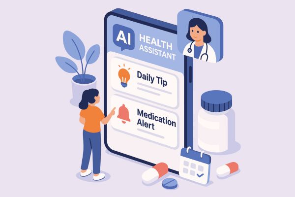 Illustration of an AI health assistant app on a smartphone displaying daily health tips and medication alerts, with a doctor icon, pills, and a calendar surrounding the device.