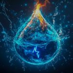 Glowing water droplet with electric energy inside, symbolizing electrolytes, hydration, and cellular energy balance
