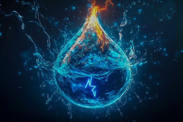 Glowing water droplet with electric energy inside, symbolizing electrolytes, hydration, and cellular energy balance
