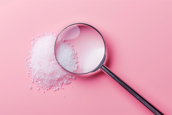 Magnifying glass focusing on white granulated sugar crystals against a soft pink background, symbolizing hidden or closely examined sugar.
