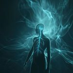 Glowing teal illustration of a human silhouette with the brain and nervous system highlighted, surrounded by flowing, wave-like energy patterns symbolizing the vagus nerve and nervous system activity.