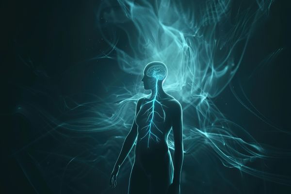 Glowing teal illustration of a human silhouette with the brain and nervous system highlighted, surrounded by flowing, wave-like energy patterns symbolizing the vagus nerve and nervous system activity.