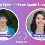 Podcast cover graphic titled “Sugar Epidemic From Cradle To Grave” featuring two circular headshots: Dr. Carolyn Dean on the left wearing a teal jacket and necklace, and Happy Spurling on the right smiling in a blue top. A microphone icon appears between them above the word “Podcast,” set against a purple-to-pink gradient background.