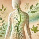 Illustration of a human body silhouette with the vagus nerve highlighted in green running from the brain down through the chest and abdomen, surrounded by soft botanical elements and flowing natural shapes symbolizing the connection between the nervous system, digestion, and overall health.