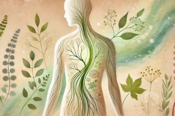 Illustration of a human body silhouette with the vagus nerve highlighted in green running from the brain down through the chest and abdomen, surrounded by soft botanical elements and flowing natural shapes symbolizing the connection between the nervous system, digestion, and overall health.