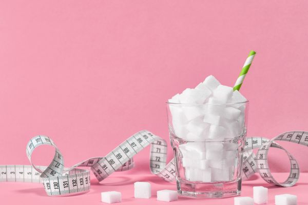 Glass filled with white sugar cubes beside a measuring tape on a pink background, symbolizing the connection between sugar consumption, weight gain, dieting, and metabolic health.