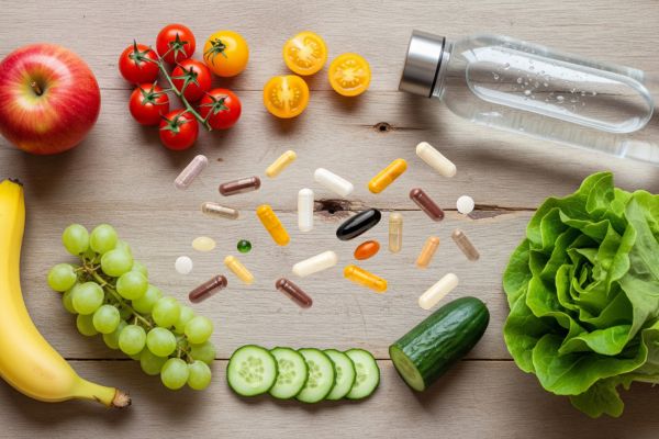 Fresh whole foods and wellness essentials arranged on a wooden table, including apples, bananas, grapes, tomatoes, cucumber, lettuce, a water bottle, and assorted supplement capsules symbolizing hydration, nutrition, and healthy living.