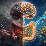 Split-screen editorial illustration of the brain-gut connection. The left side shows a gray, foggy brain connected to an inflamed digestive system, with dissolving sugar cubes entering the bloodstream to symbolize inflammation, brain fog, and poor gut health. The right side depicts a glowing brain and healthy gut filled with balanced microbiota, connected by flowing blue and golden light to represent improved gut health, mental clarity, and cellular wellness. A vertical line divides the two contrasting states, transitioning from dark and hazy to bright and vibrant.