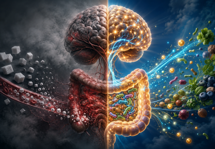 Split-screen editorial illustration of the brain-gut connection. The left side shows a gray, foggy brain connected to an inflamed digestive system, with dissolving sugar cubes entering the bloodstream to symbolize inflammation, brain fog, and poor gut health. The right side depicts a glowing brain and healthy gut filled with balanced microbiota, connected by flowing blue and golden light to represent improved gut health, mental clarity, and cellular wellness. A vertical line divides the two contrasting states, transitioning from dark and hazy to bright and vibrant.