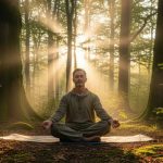 A man sits cross-legged in meditation on a mat in a peaceful forest, surrounded by tall trees as golden sunlight streams through the canopy behind him, creating a calm and reflective atmosphere.