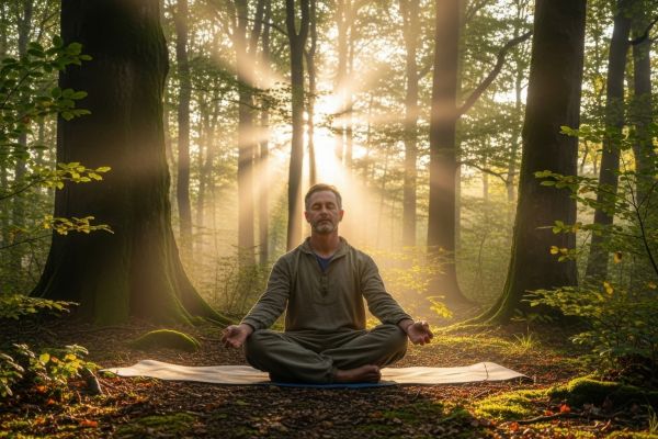 A man sits cross-legged in meditation on a mat in a peaceful forest, surrounded by tall trees as golden sunlight streams through the canopy behind him, creating a calm and reflective atmosphere.