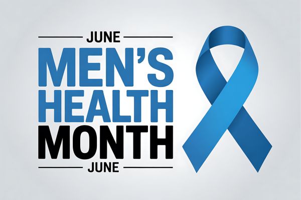 Graphic promoting Men's Health Month in June, featuring bold blue and black text reading "June Men's Health Month" alongside a blue awareness ribbon. The design highlights men's health awareness, prevention, wellness, and the importance of encouraging men to prioritize their physical and mental well-being.