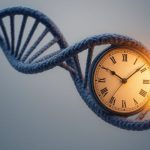 A DNA double helix intertwined with a glowing vintage clock, symbolizing biological aging, longevity, and the passage of time at a cellular level.