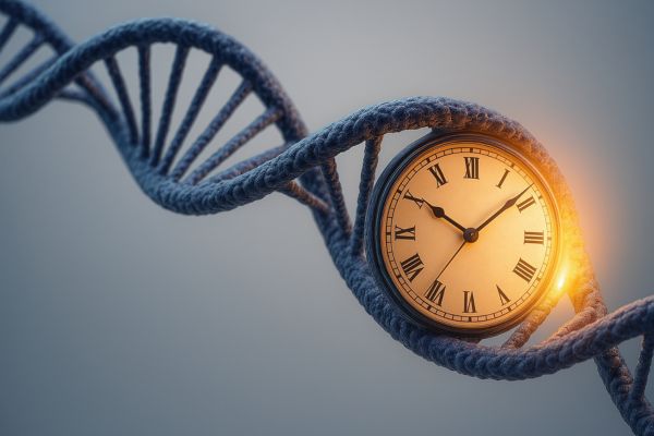 A DNA double helix intertwined with a glowing vintage clock, symbolizing biological aging, longevity, and the passage of time at a cellular level.
