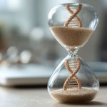 A clear glass hourglass sits on a desk, with fine sand flowing from the top chamber to the bottom. Inside each chamber, the sand forms a DNA double helix, symbolizing the relationship between genetics, biological aging, and the passage of time. The softly blurred background creates a clean, modern, scientific atmosphere.