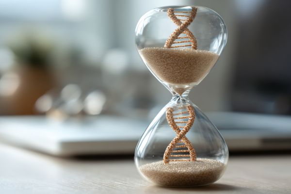A clear glass hourglass sits on a desk, with fine sand flowing from the top chamber to the bottom. Inside each chamber, the sand forms a DNA double helix, symbolizing the relationship between genetics, biological aging, and the passage of time. The softly blurred background creates a clean, modern, scientific atmosphere.