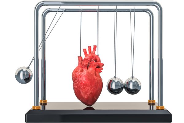 A red anatomical heart suspended inside a Newton’s cradle, replacing the center ball to symbolize heart rhythm and balance.