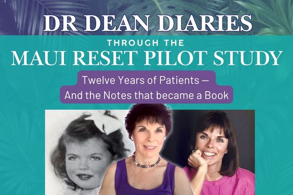 Banner for the Dr. Dean Diaries Through the Maui Reset Pilot Study series. A teal and tropical-themed background features the title at the top, followed by the subtitle, "Twelve Years of Patients — and the Notes That Became a Book." Below are three images of Dr. Carolyn Dean at different stages of life: a childhood portrait, a current headshot in a purple top, and a smiling portrait in a pink blouse, illustrating her journey from childhood to the present.