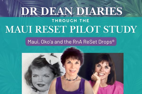 Promotional graphic for 'Dr Dean Diaries Through the Maui Reset Pilot Study: Maui, Oko'a and the RnA ReSet Drops' featuring a vintage black-and-white childhood photo alongside two current color photos of two women against a tropical green and teal background