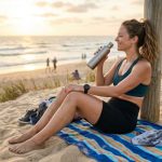 A woman in athletic clothing sits on a striped beach towel at sunset, leaning against a wooden post while drinking from a stainless steel water bottle. A fitness watch is visible on her wrist, with a backpack and shoes beside her on the sand. Gentle waves, scattered beachgoers, and a golden sky create a relaxed coastal setting, emphasizing hydration after outdoor exercise.