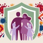 A flat-style illustration of a family of four—two adults and two children—standing together in front of a large green shield, symbolizing protection. Colorful virus-like icons surround the shield but remain outside of it, representing defense against germs and illness. The light background and simple graphic design emphasize the concept of family immunity, health, and protection during cold and flu season.