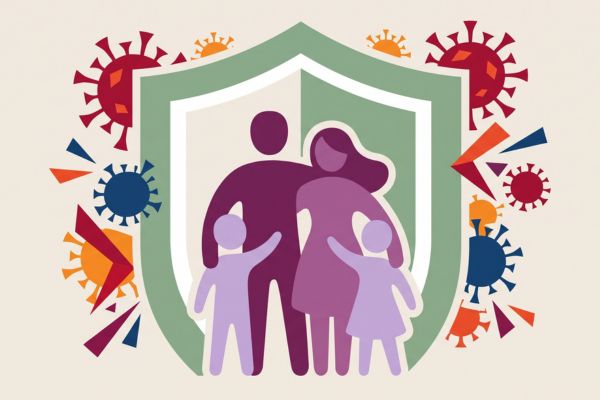 A flat-style illustration of a family of four—two adults and two children—standing together in front of a large green shield, symbolizing protection. Colorful virus-like icons surround the shield but remain outside of it, representing defense against germs and illness. The light background and simple graphic design emphasize the concept of family immunity, health, and protection during cold and flu season.
