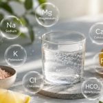 Glass of sparkling mineral water surrounded by symbols for magnesium, sodium, calcium, potassium, phosphate, chloride, and bicarbonate, with lemon, mint, and pink salt.