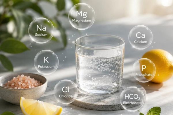 Glass of sparkling mineral water surrounded by symbols for magnesium, sodium, calcium, potassium, phosphate, chloride, and bicarbonate, with lemon, mint, and pink salt.