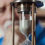 An hourglass in focus with an older man blurred in the background, representing the passage of time and aging.