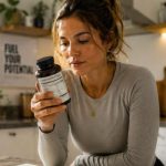 Woman reading the label on a supplement bottle while leaning against a kitchen counter.
