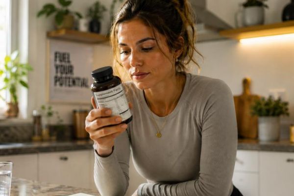 Woman reading the label on a supplement bottle while leaning against a kitchen counter.
