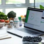 Laptop displaying charts on a table surrounded by supplement bottles, leafy greens, broccoli, nuts, blueberries, kiwi, and green juice.