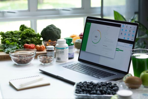 Laptop displaying charts on a table surrounded by supplement bottles, leafy greens, broccoli, nuts, blueberries, kiwi, and green juice.