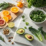 Fresh fruits, leafy greens, avocado, nuts, and seeds representing vitamin C, magnesium, cellular health, and healthy aging.