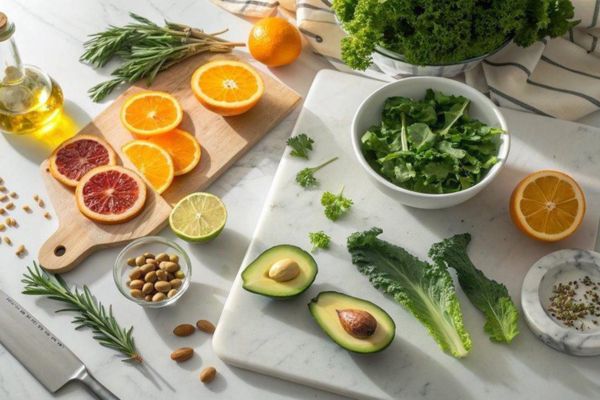 Fresh fruits, leafy greens, avocado, nuts, and seeds representing vitamin C, magnesium, cellular health, and healthy aging.